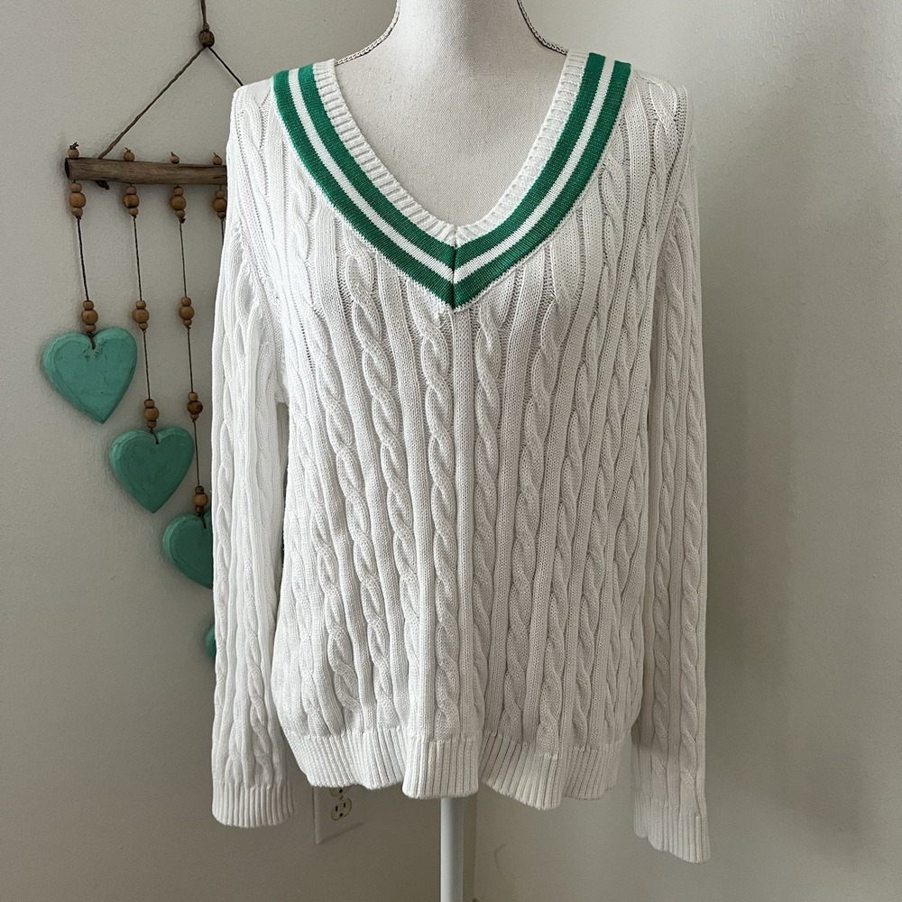 Lands End Drifter Sweater Women XL Cable Knit Preppy White Green V-Neck